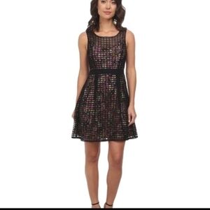 Jessica Simpson Bright Floral Black Mesh Overlay Fit & Flare